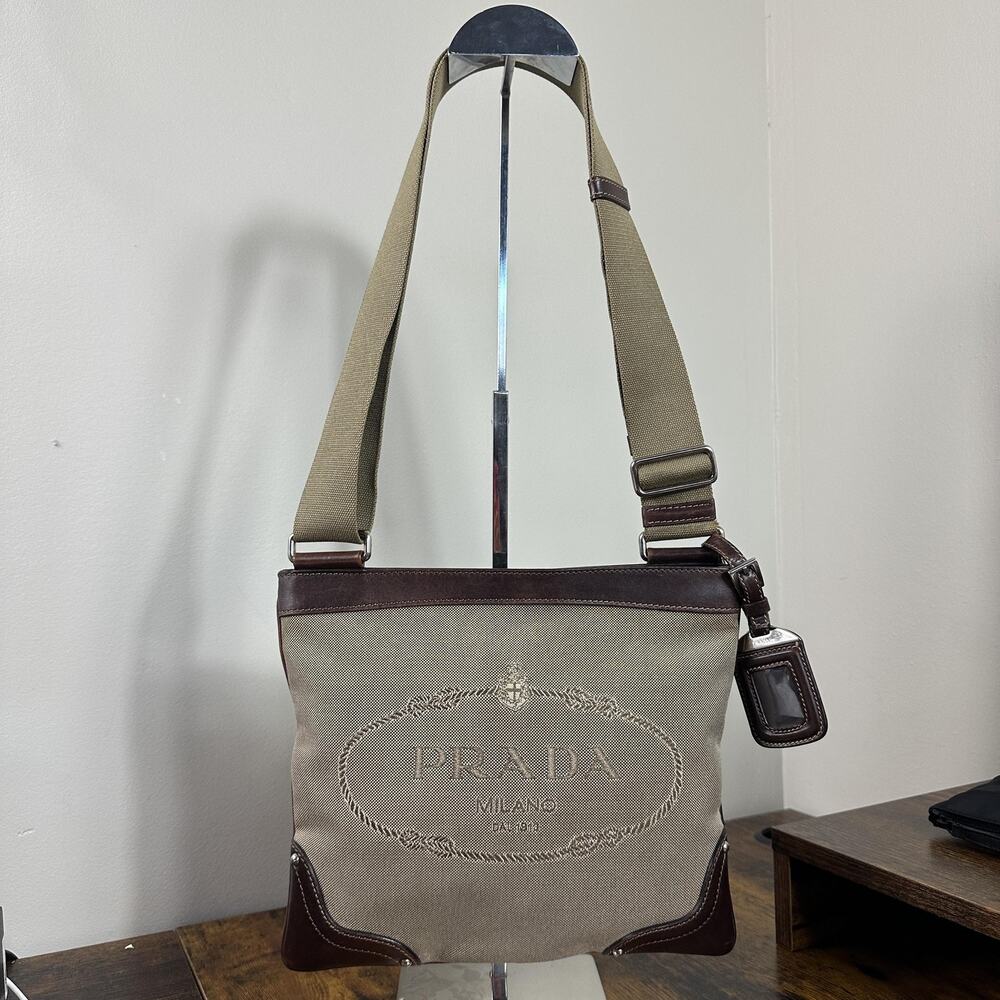 Prada Logo Crossbody Bag Unisex Medium Beige Canvas Leather Italy Strap